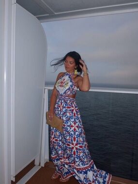 Blue & Red Tile Print Halter Maxi Dress